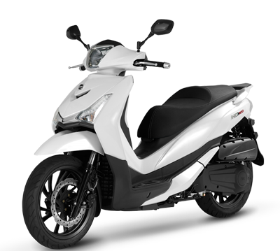 White scooter with a sleek design, featuring a comfortable seat and modern headlights.