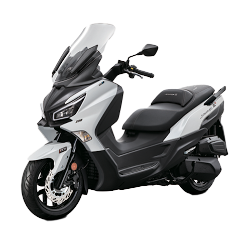White and black scooter with a sleek design, large windshield, and comfortable seat.