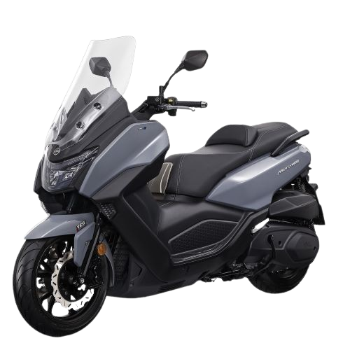 Sleek gray scooter with a large windshield, comfortable seat, and sporty design details.