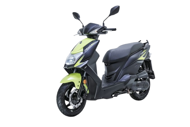 Green and black scooter with a modern design, featuring a comfortable seat and sleek lines.