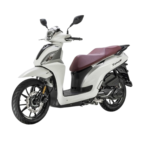 White scooter with a maroon seat, featuring a sleek design and modern headlights.