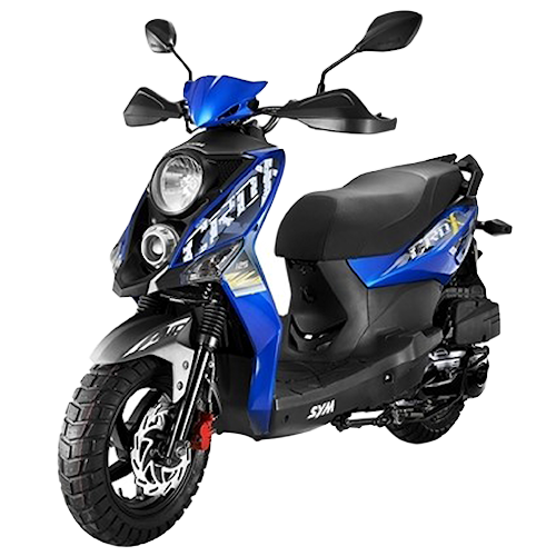 Blue scooter with black accents, featuring a modern design and large front headlight.
