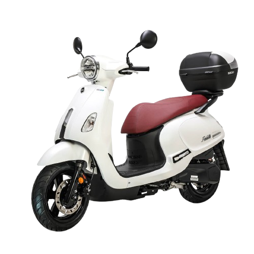 White scooter with a retro design, featuring a red seat and a black storage box.